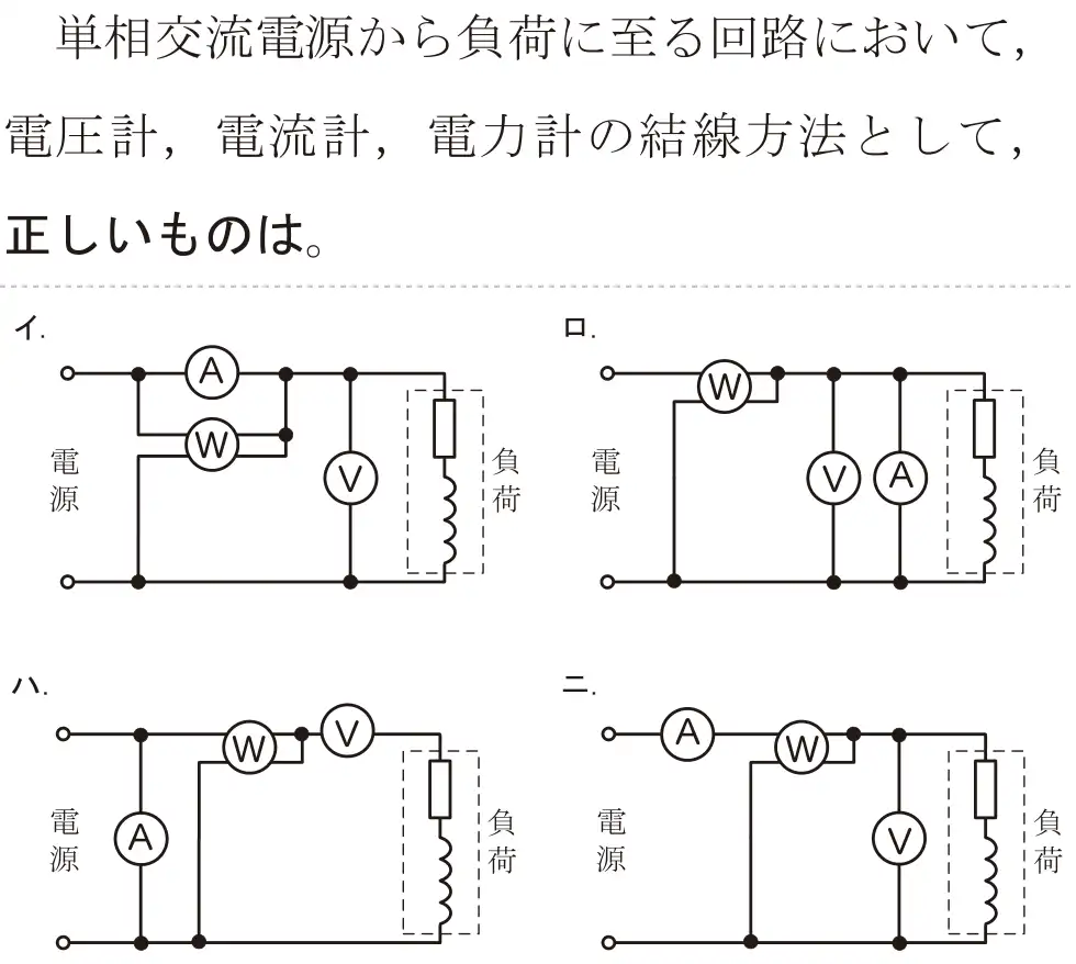 令和5年度上期（午前） 第二種電気工事士 学科試験 問27:単相交流電源から負荷に至る回路において、電圧計,電流計,電力計の結線方法として、正しいものは。