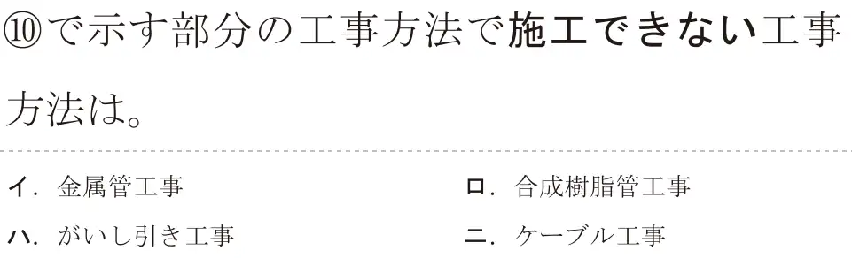 令和5年度上期（午前） 第二種電気工事士 学科試験 問40:⑩で示す部分の工事方法で施工できない工事方法は。