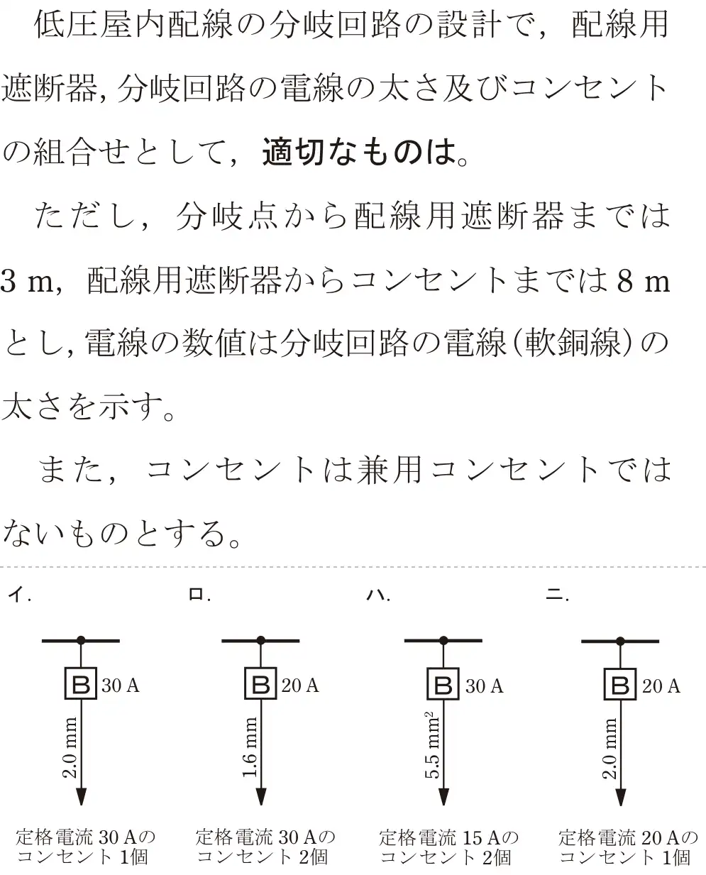 令和5年度上期（午後） 第二種電気工事士 学科試験 問10:低圧屋内配線の分岐回路の設計で,配線用遮断器,分岐回路の電線の太さ及びコンセントの組合せとして、適切なものは。ただし、分岐点から配線用遮断器までは3m、配線用遮断器からコンセントまでは8mとし,電線の数値は分岐回路の電線(軟銅線)の太さを示す。また、コンセントは兼用コンセントではないものとする。