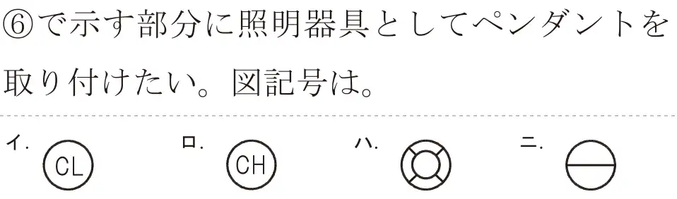 令和5年度上期（午後） 第二種電気工事士 学科試験 問36:⑥で示す部分に照明器具としてペンダントを取り付けたい。図記号は。