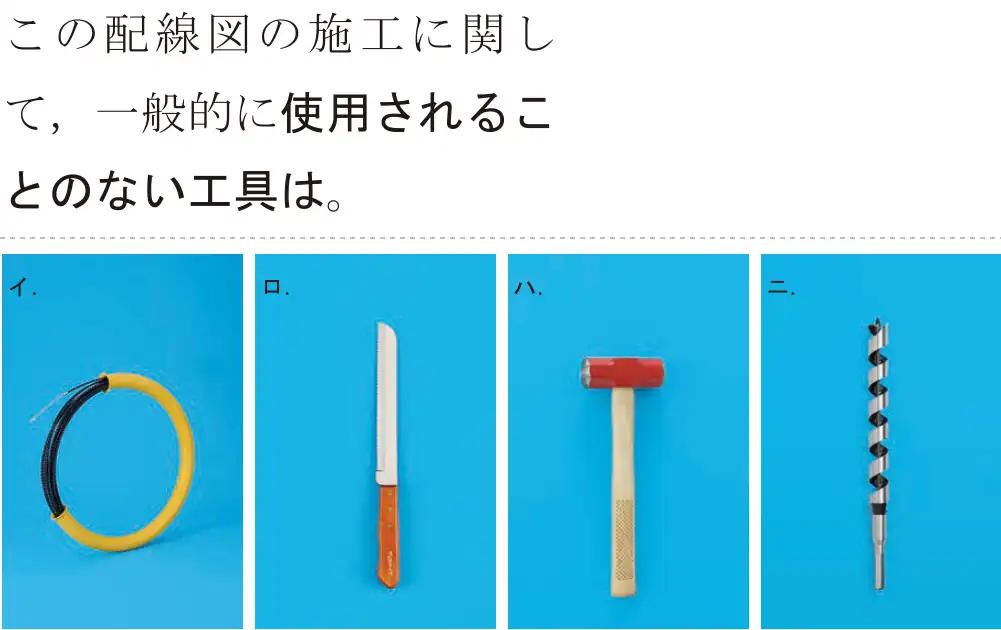 令和5年度上期（午後） 第二種電気工事士 学科試験 問50:この配線図の施工に関して、一般的に使用されることのない工具は。