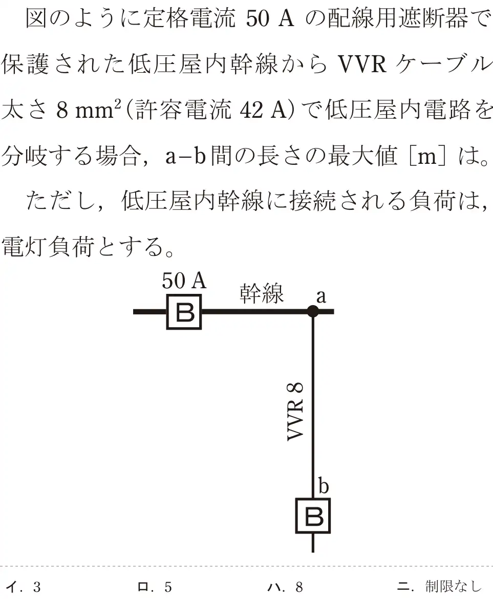 令和5年度下期（午前） 第二種電気工事士 学科試験 問9:図のように定格電流 50Aの配線用遮断器で保護された低圧屋内幹線からVVR ケーブル太さ8mm²(許容電流 42A)で低圧屋内電路を分岐する場合,a-b間の長さの最大値 [m]は。ただし、低圧屋内幹線に接続される負荷は、電灯負荷とする。