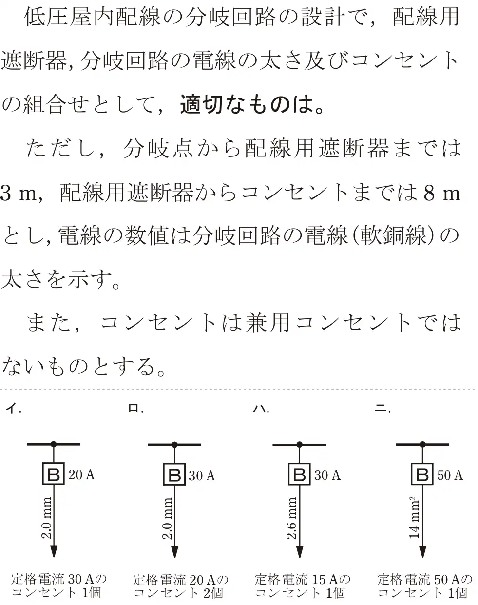 令和5年度下期（午前） 第二種電気工事士 学科試験 問10:低圧屋内配線の分岐回路の設計で,配線用遮断器,分岐回路の電線の太さ及びコンセントの組合せとして、適切なものは。ただし、分岐点から配線用遮断器までは3m、配線用遮断器からコンセントまでは8mとし,電線の数値は分岐回路の電線(軟銅線)の太さを示す。また、コンセントは兼用コンセントではないものとする。
