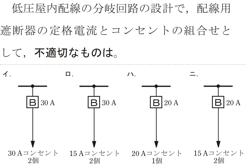 令和5年度下期（午後） 第二種電気工事士 学科試験 問10:低圧屋内配線の分岐回路の設計で,配線用遮断器の定格電流とコンセントの組合せとして、不適切なものは。