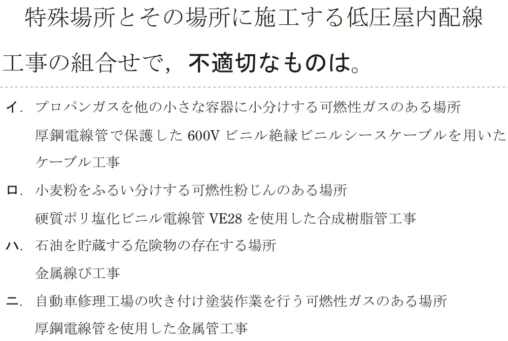 令和5年度下期（午後） 第二種電気工事士 学科試験 問22:特殊場所とその場所に施工する低圧屋内配線工事の組合せで、不適切なものは。