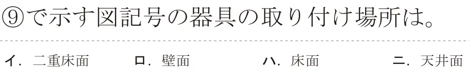 令和5年度下期（午後） 第二種電気工事士 学科試験 問39:⑨で示す図記号の器具の取り付け場所は。