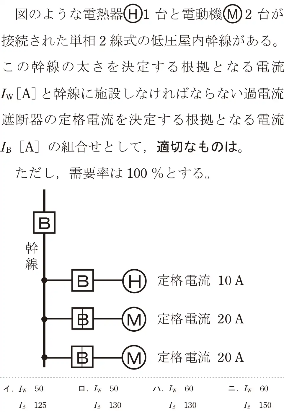令和6年度上期 第二種電気工事士 学科試験 問9:図のような電熱器(H)1台と電動機(M) 2 台が接続された単相2線式の低圧屋内幹線がある。この幹線の太さを決定する根拠となる電流Iw [A]と幹線に施設しなければならない過電流遮断器の定格電流を決定する根拠となる電流[A]の組合せとして、適切なものは。ただし、需要率は100%とする。