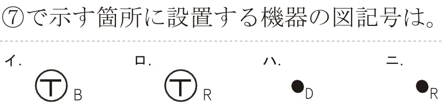 令和6年度上期 第二種電気工事士 学科試験 問37:⑦で示す箇所に設置する機器の図記号は。