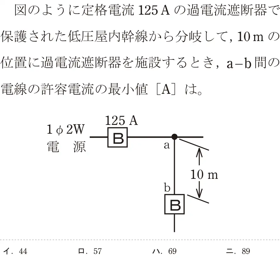 令和6年度下期 第二種電気工事士 学科試験 問9:図のように定格電流 125Aの過電流遮断器で保護された低圧屋内幹線から分岐して、10mの位置に過電流遮断器を施設するとき,a-b間の電線の許容電流の最小値 [A]は。