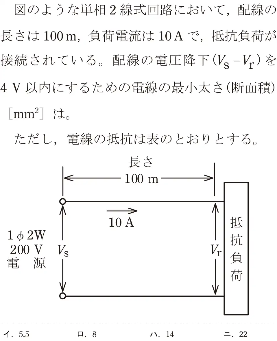 令和7年度上期 第二種電気工事士 学科試験 問6:図のような単相2線式回路において、配線の長さは100m、負荷電流は 10Aで,抵抗負荷が接続されている。配線の電圧降下(Vs -Vr)を4V以内にするための電線の最小太さ(断面積)[mm²]は。ただし、電線の抵抗は表のとおりとする。