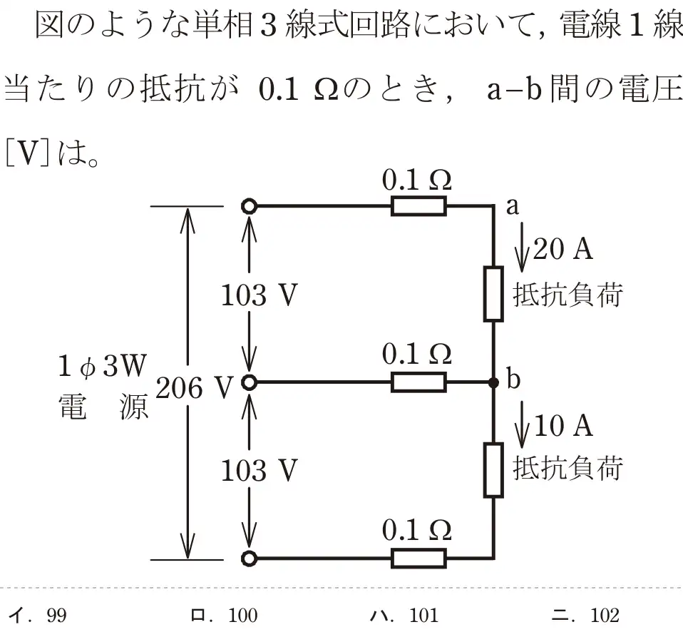 令和7年度上期 第二種電気工事士 学科試験 問7:図のような単相3線式回路において,電線1線当たりの抵抗が 0.12のとき、a-b間の電圧[V]は。