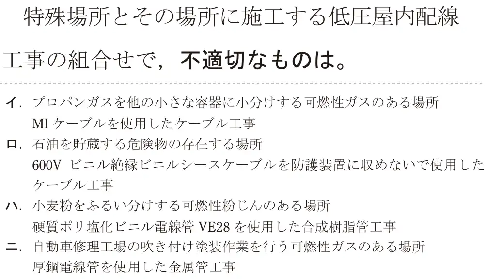 令和7年度上期 第二種電気工事士 学科試験 問22:特殊場所とその場所に施工する低圧屋内配線工事の組合せで,不適切なものは。