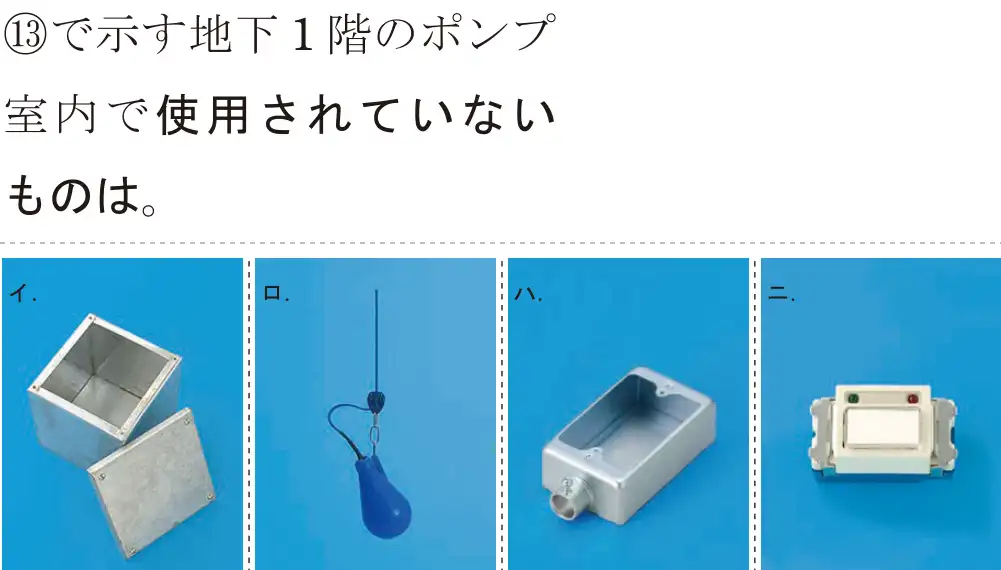 令和7年度上期 第二種電気工事士 学科試験 問43:⑬で示す地下1階のポンプ室内で使用されていないものは。