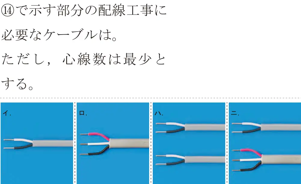 令和7年度上期 第二種電気工事士 学科試験 問44:⑭で示す部分の配線工事に必要なケーブルは。ただし,心線数は最少とする。