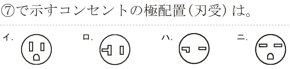 令和8年度上期 第二種電気工事士 学科試験 問37:⑦で示すコンセントの極配置(刃受)は。