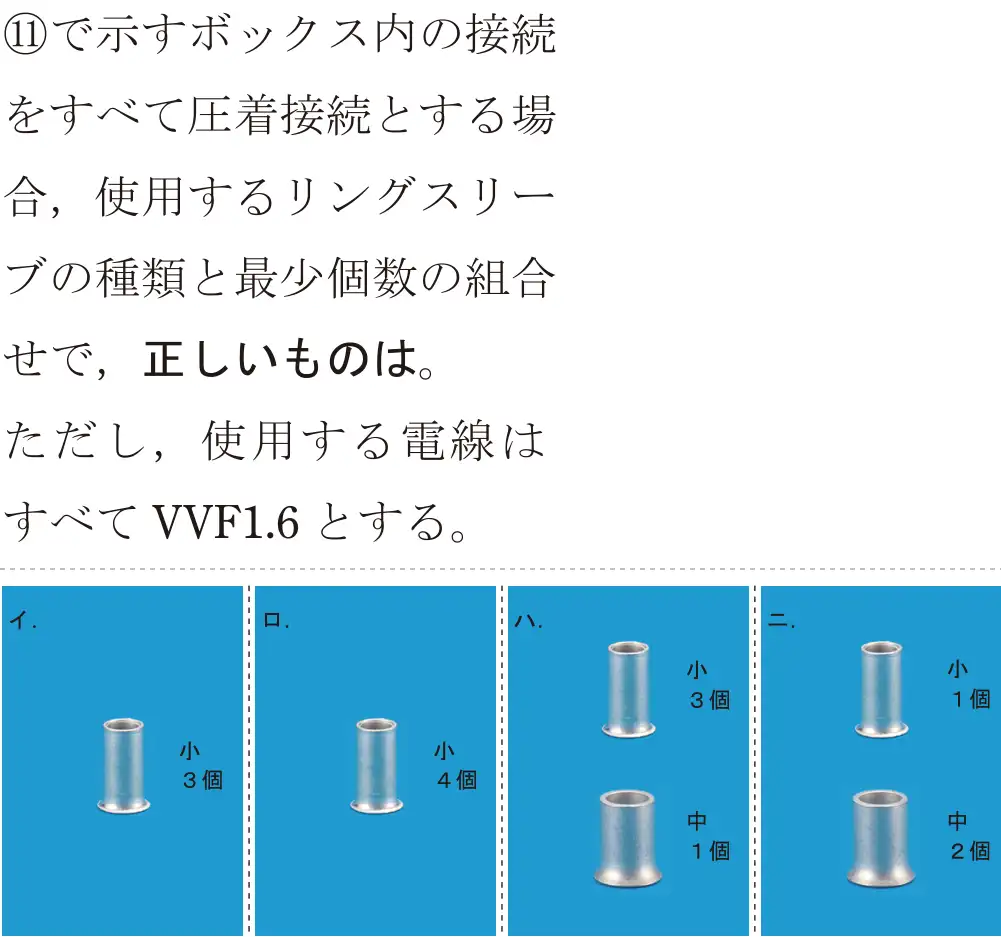 令和8年度上期 第二種電気工事士 学科試験 問41:①で示すボックス内の接続をすべて圧着接続とする場合,使用するリングスリーブの種類と最少個数の組合せで、正しいものは。ただし、使用する電線はすべてVVF1.6とする。