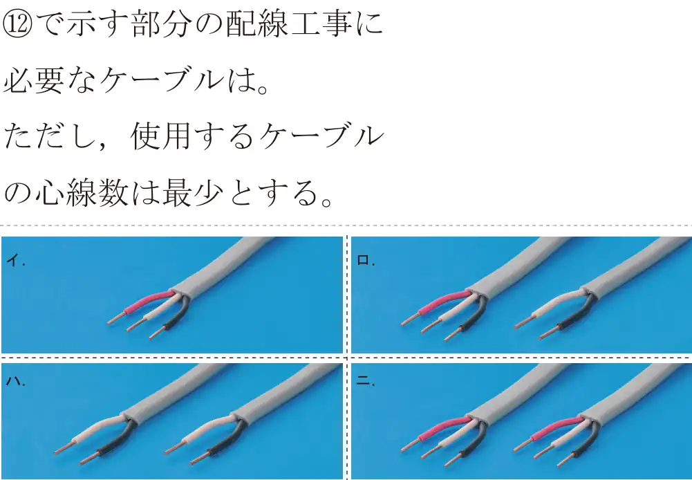 令和8年度上期 第二種電気工事士 学科試験 問42:⑫で示す部分の配線工事に必要なケーブルは。ただし、使用するケーブルの心線数は最少とする。